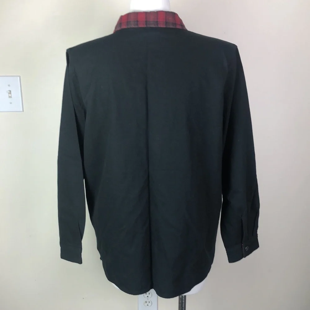 Vintage Zipper Front Light Jacket Black Denim Plaid Collar